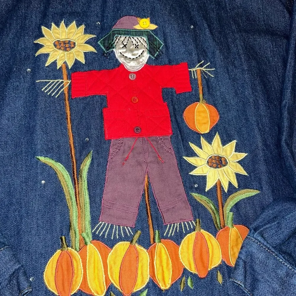 Quacker Factory Fall Harvest Joy scarecrow embroidered denim jacket size large